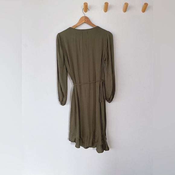 Anthropologie velvet Khaki green midi wrap dress with ruffle details. - Picture 2 of 2